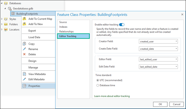 Onglet Editor Tracking (Suivi de l’éditeur) dans la boîte de dialogue Feature Class Properties (Propriétés de la classe d’entités)