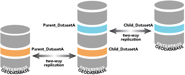 Géodatabase d’entreprise ayant à la fois les rôles de géodatabase de réplica parent et de géodatabase de réplica enfant