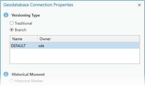 Geodatabase Connection Properties (Propriétés de connexion de géodatabase) pour Versioning Type (Type de versionnement) défini sur Branch (Branche)