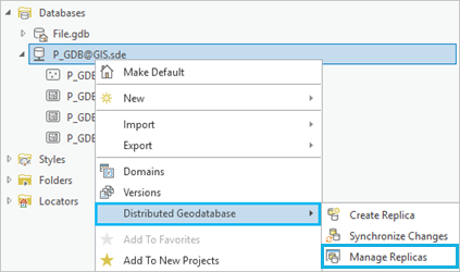 Commande Manage Replicas (Gérer les réplicas) du menu contextuel Distributed Geodatabase (Géodatabase distribuée)