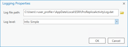 La boîte de dialogue Propriétés de consignation vous permet de définir l’emplacement et le niveau de consignation du fichier ProReplicaActivityLog.dat.