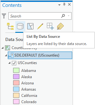 Vue List By Data Source (Répertorier par source de données) dans la fenêtre Contents (Contenu)