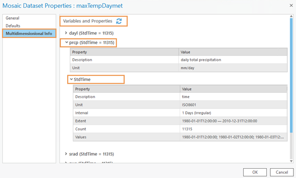 Afficher la variable des précipitations du raster multidimensionnel et les informations de dimension temporelle dans l’onglet Multidimensional Info (Informations multidimensionnelles) de la fenêtre Mosaic Dataset Properties (Propriétés de la mosaïque)