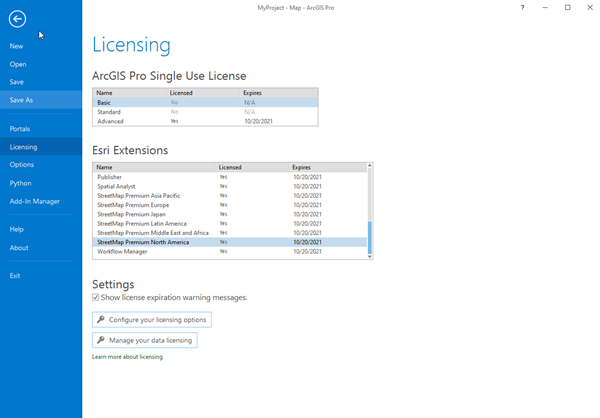 Fenêtre Licensing (Licences) illustrant les extensions Esri pour les paquetages de cartes mobiles StreetMap Premium