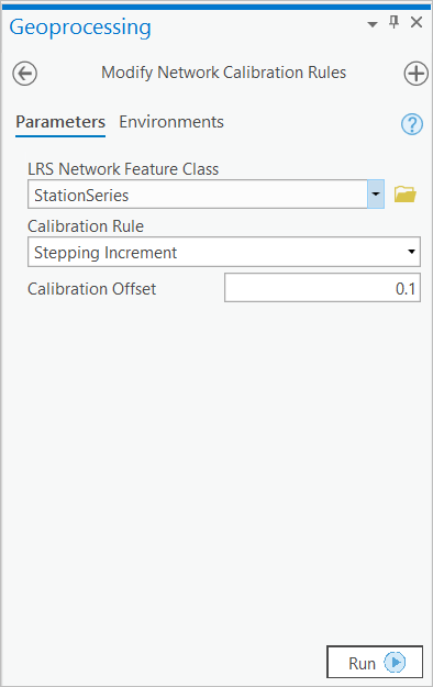 Outil de géotraitement Modify Network Calibration Rules (Modifier les règles de calibrage du réseau) utilisant la règle de calibrage Stepping Increment (Intervalle incrémenté).