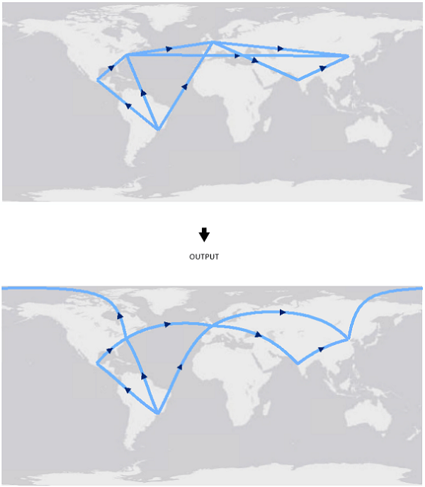 Segments de ligne en entrée remplacés par des segments géodésiques et écrits dans la sortie