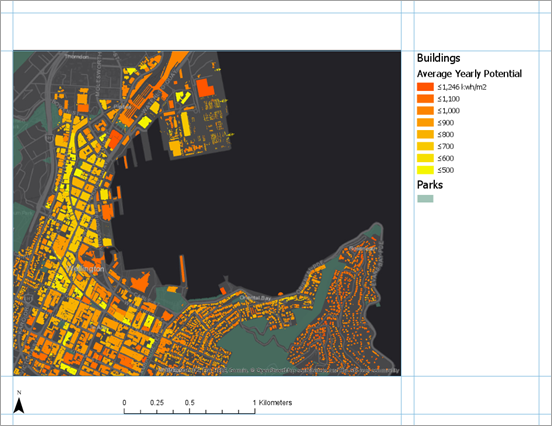 Mise en page avec fenêtre cartographique, légende, flèche d'orientation vers le nord et barre d'échelle