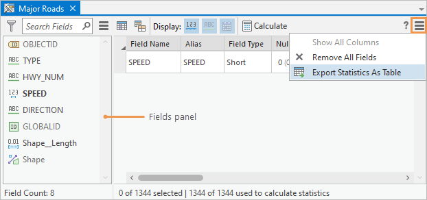 La vue Data Engineering illustrant des options dans le bouton Menu.