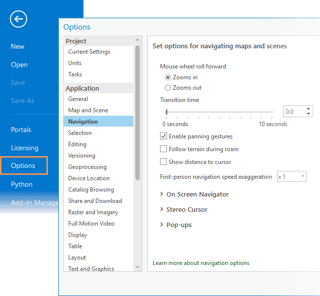 Boîte de dialogue Options pour la navigation