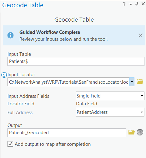 Outil de géotraitement Géocoder une table avec entrées