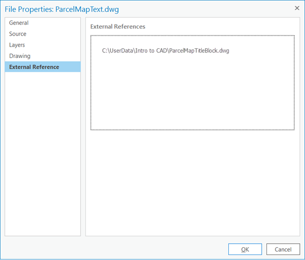 Onglet Référence externe de la fenêtre Propriétés du fichier
