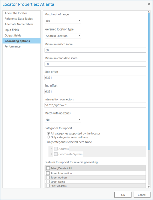 Options de géocodage dans la boîte de dialogue Locator Properties (Propriétés du localisateur)