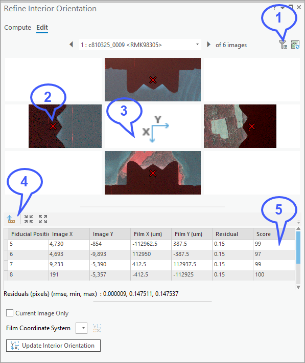 Fonctionnalités de l’onglet Edit (Mettre à jour) dans la fenêtre Refine Interior Orientation (Affiner l’orientation intérieure)