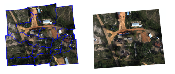 Imagerie aux couleurs équilibrées où les lignes de raccord et l’orthomosaïque obtenue sont visibles