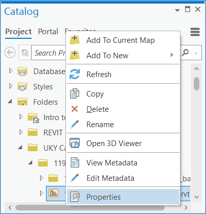 Option Properties (Propriétés) du menu contextuel dans la fenêtre Catalog (Catalogue)