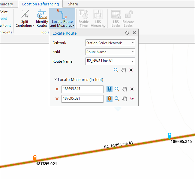 Locate Route dialog box after measure markers are set