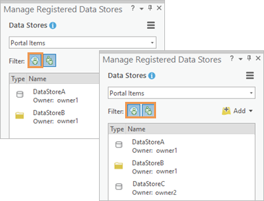 Deux vues de la fenêtre Manage Registered Data Stores (Gérer les Data Stores inscrits)