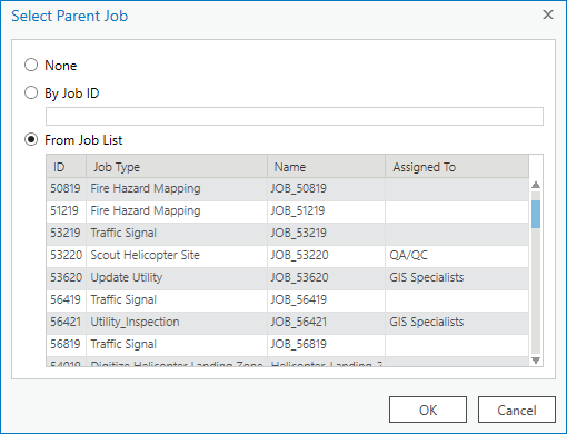 Boîte de dialogue Select Parent Job (Sélectionner la tâche parent)