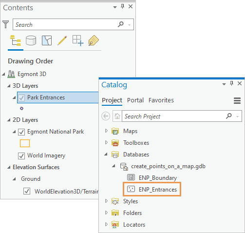 Fenêtre Contents (Contenu) affichant une nouvelle couche et fenêtre Catalog (Catalogue) affichant la nouvelle classe d’entités de la géodatabase