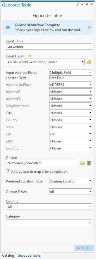 Exécution terminée de l’outil Geocode Table (Géocoder une table)