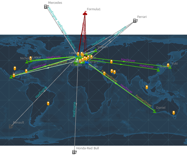 Diagramme de liens disposé selon la mise en page organique Geographic (Géographique) avec des données spatiales ajoutées à la carte