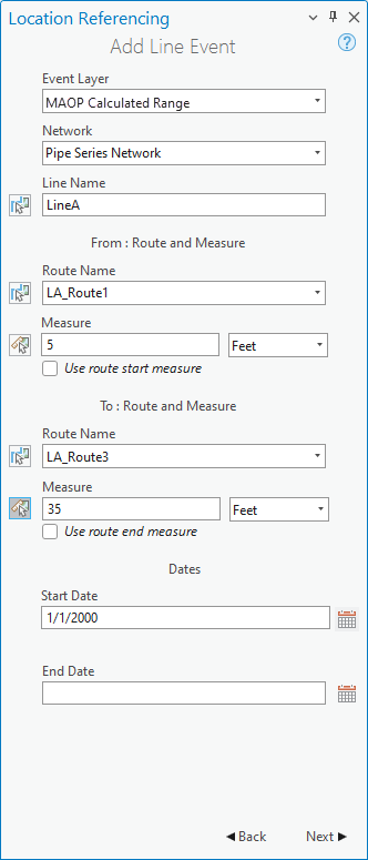 Fenêtre Add Line Event (Ajouter un événement linéaire) avec les champs Route and Measure (Itinéraire et mesure) et Dates