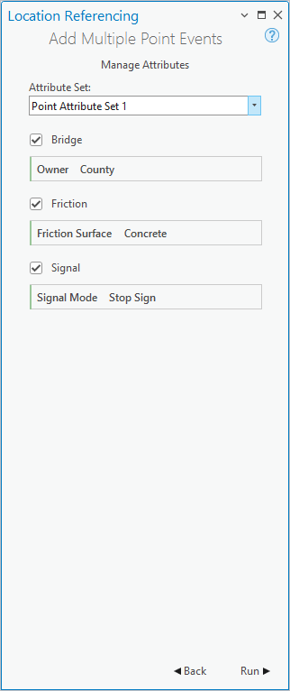 Fenêtre Add Multiple Point Events (Ajouter plusieurs événements ponctuels), page Manage Attributes (Gérer les attributs)