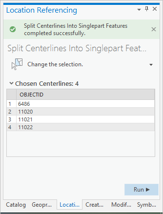 Fenêtre Split Centerlines Into Singlepart Features (Fractionner les axes médians en entités en une seule partie) après la création des entités en une seule partie