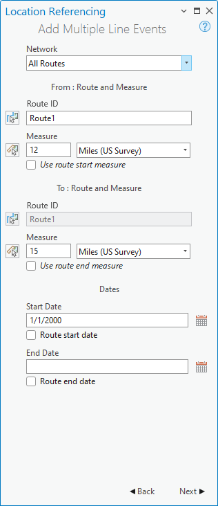 Fenêtre Add Multiple Line Events (Ajouter plusieurs événements linéaires) avec le champ Route and Measure (Itinéraire et mesure)