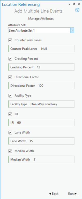 Fenêtre Add Multiple Line Event (Ajouter plusieurs événements linéaires), page Manage Attributes (Gérer les attributs)