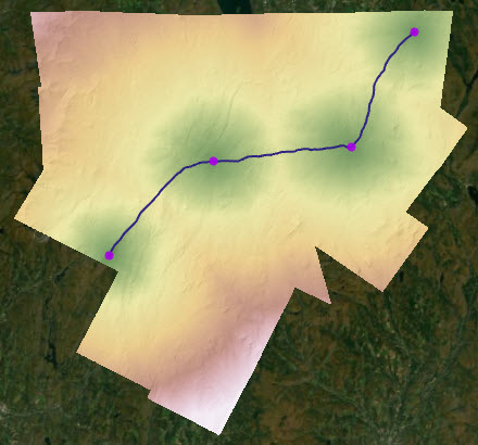 Quatre points connectés avec les chemins de moindre coût