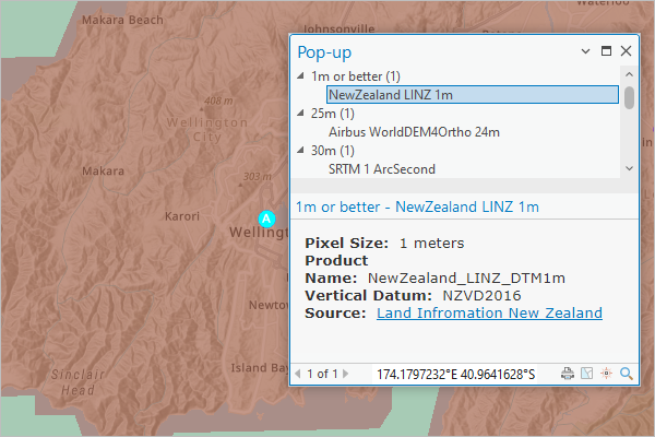 Zoom avant sur Wellington (Nouvelle-Zélande) sur la couche Carte de couverture d’altitude avec fenêtre contextuelle