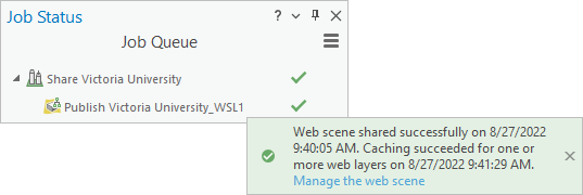 Fenêtre Job Status (État de la tâche) affichant la tâche terminée et message de réussite dans la fenêtre Share As Web Scene (Partager en tant que scène web)