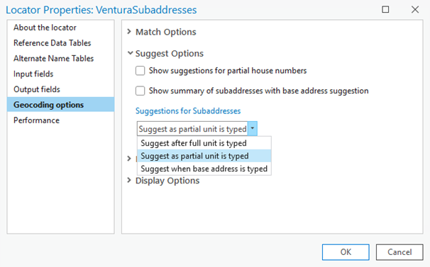 Suggest Options (Options de suggestion) sur l’onglet Geocoding options (Options de géocodage) de la boîte de dialogue Locator Properties (Propriétés du localisateur).