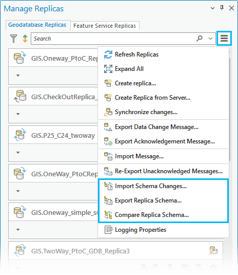 Outils de modification de structure accessibles à partir du menu Manage Replicas (Gérer les réplicas)