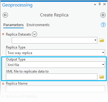 Dans l’outil de géotraitement Créer un réplica, définissez le type de sortie sur Fichier XML.