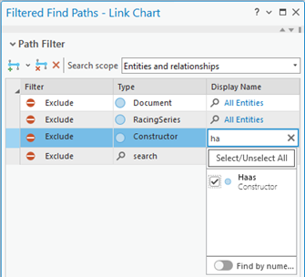 Recherchez et sélectionnez une entité spécifique à exclure des chemins.