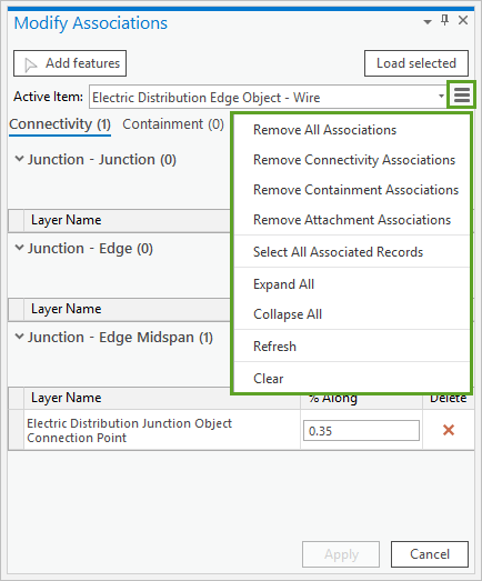 Autres options du menu Modify Associations (Modifier des associations)