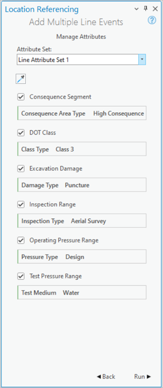 Fenêtre Add Multiple Line Event (Ajouter plusieurs événements linéaires) avec la table Manage Attributes (Gérer les attributs)