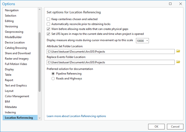 Options de l’onglet Location Referencing (Référencement d’emplacement) de la boîte de dialogue Options