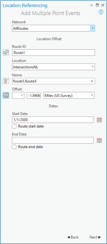 Méthode Location Offset (Décalage de la localisation) sélectionnée dans la fenêtre Add Multiple Point Events (Ajouter plusieurs événements ponctuels)