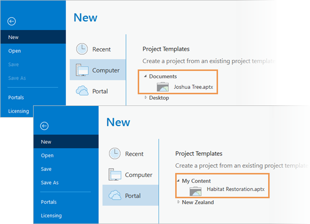 Modèles de projet stockés à des emplacements connus sur la page Settings (Paramètres)