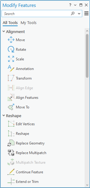 Fenêtre Modify Features (Modifier des entités) avec fonctions de modification