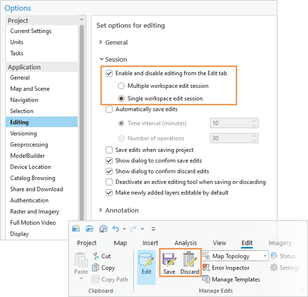 Boîte de dialogue Options dans l’onglet Edit (Mise à jour) du ruban