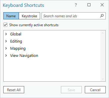 Boîte de dialogue Keyboard Shortcuts (Raccourcis clavier)