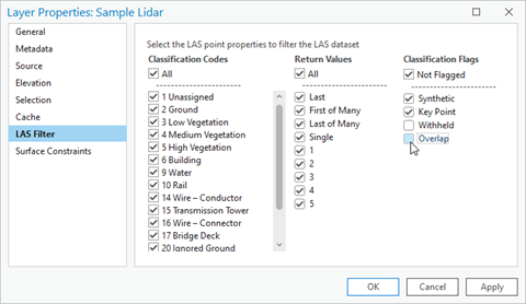 Boîte de dialogue LAS dataset Layer Properties (Propriétés de la couche du jeu de données LAS)