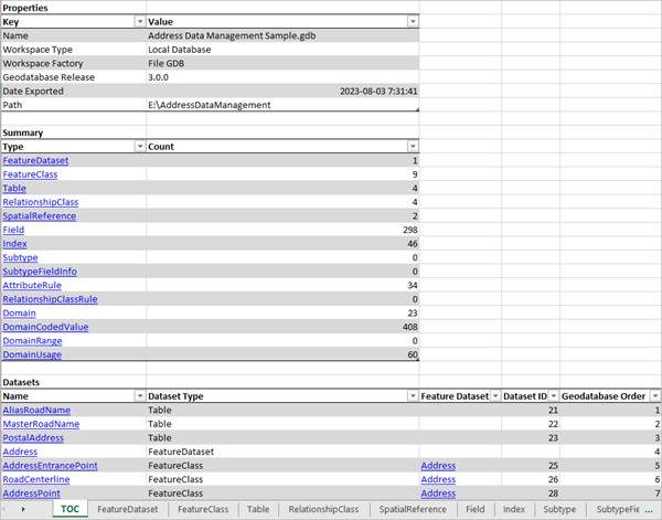 Exemple de rapport Excel en sortie de l’outil de géotraitement Generate Schema Report (Générer le rapport de structure)