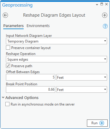 Appliquer les paramètres de mise en page Reshape Diagram Edges (Remodeler les tronçons du diagramme) avec Reshape Operation (Opération de remodelage) = Square edges (Tronçons carrés)