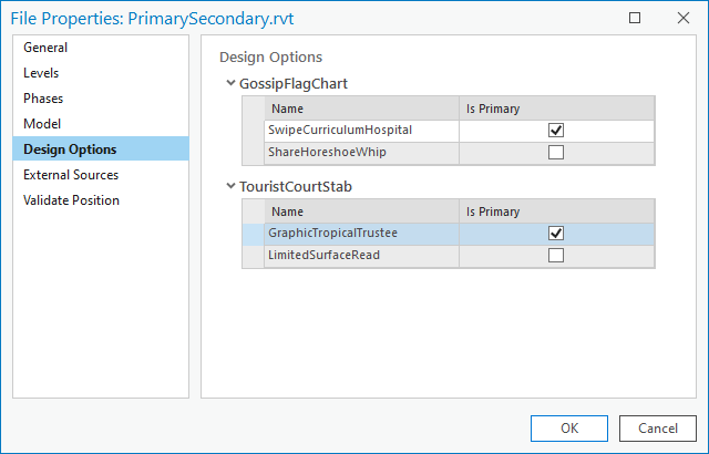 Interface utilisateur des options de conception des propriétés du fichier BIM