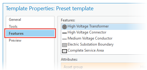 Onglet Preset template Features (Entités de modèles prédéfinis)